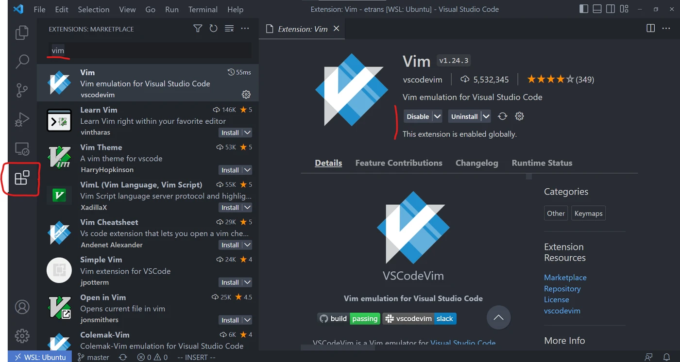 نصب اکستنشن Vim در VSCode