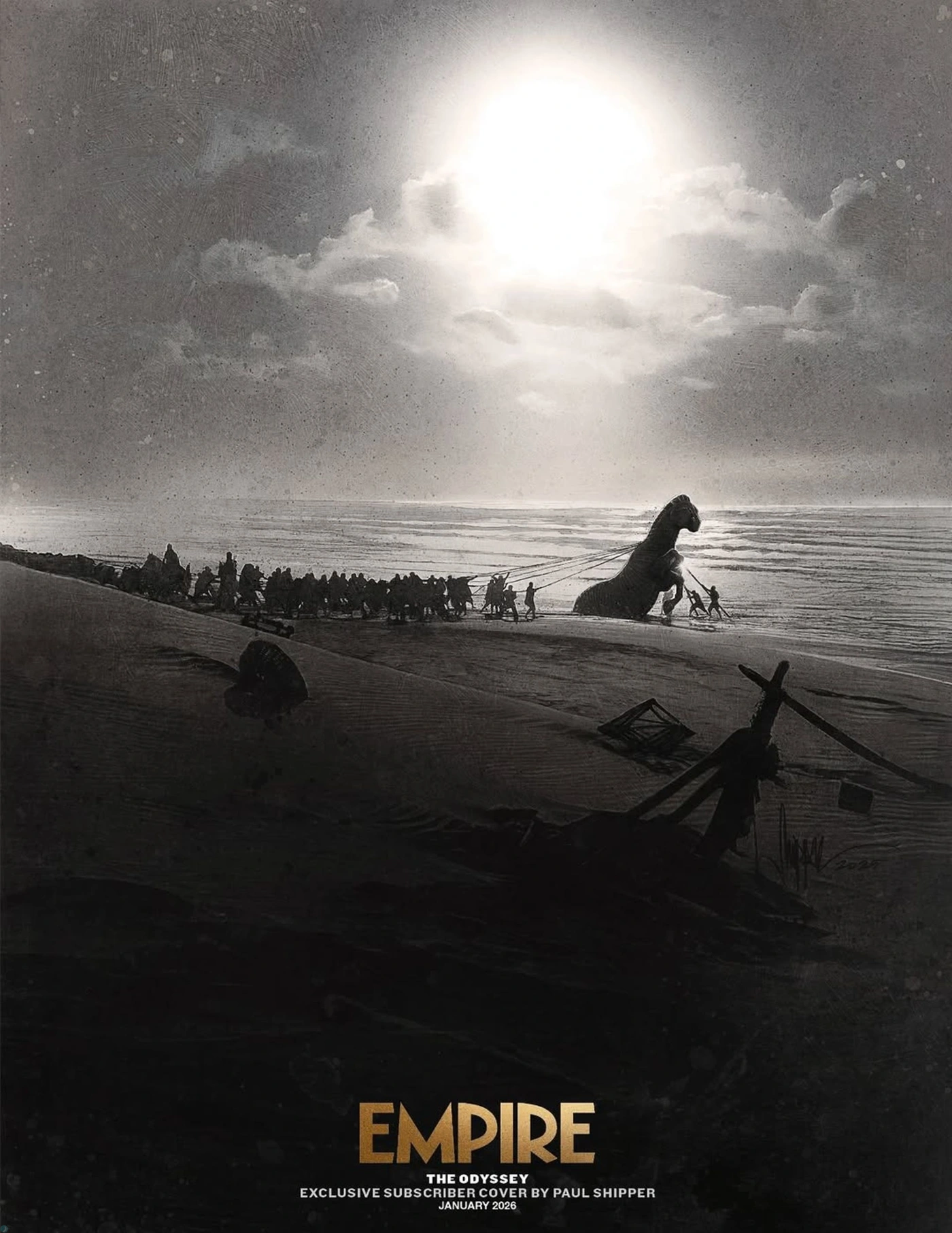 چند سرباز در کنار ساحل در حال بیرون آوردن اسب چوبی بزرگ از دریا