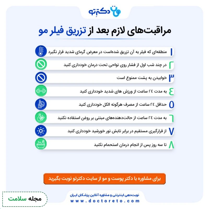 اینفوگرافی مراقبت‌های لازم بعد از تزریق فیلر مو