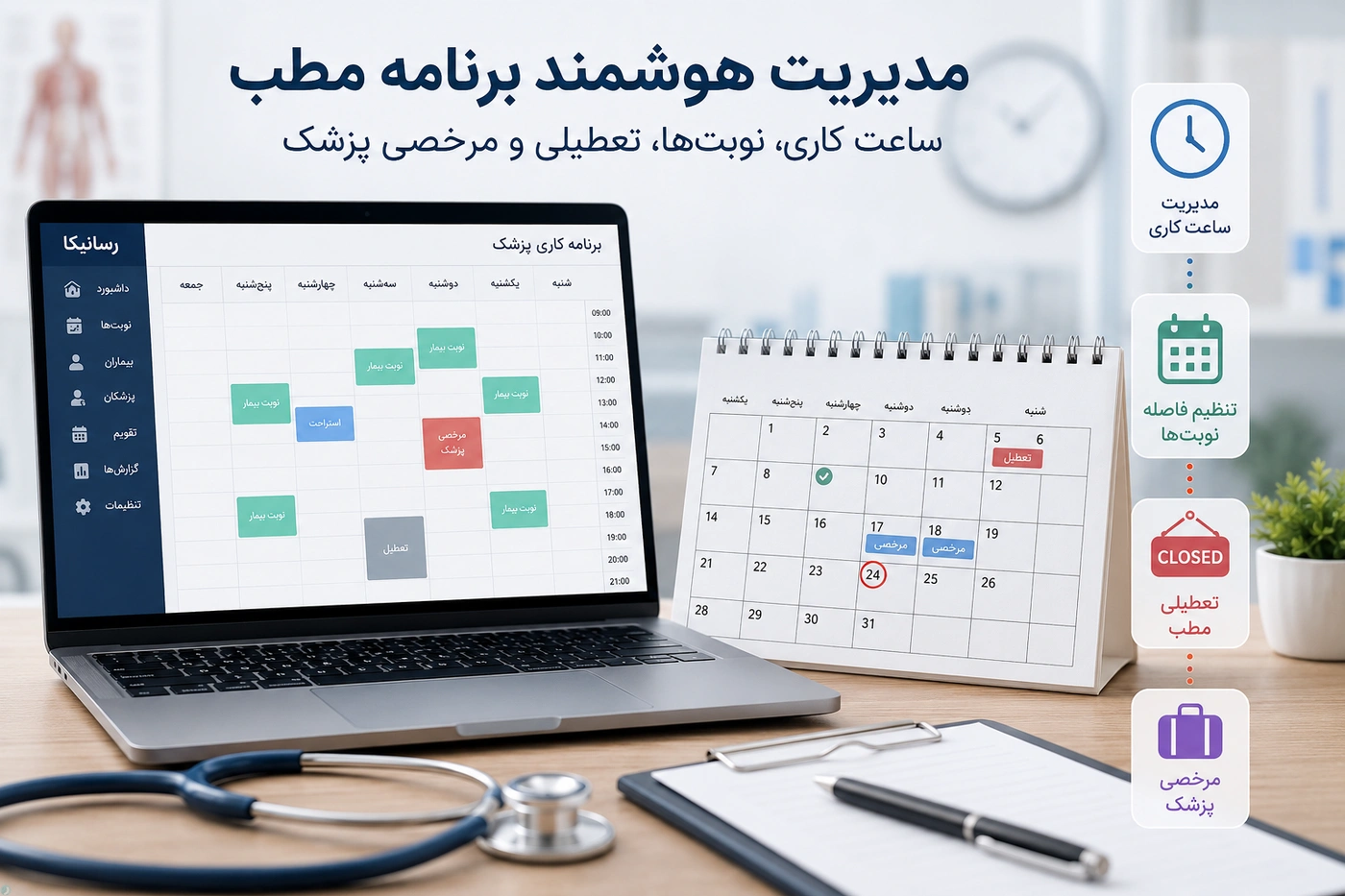 راهنمای مدیریت ساعت کاری، فاصله نوبتها، تعطیلی مطب و مرخصی پزشک