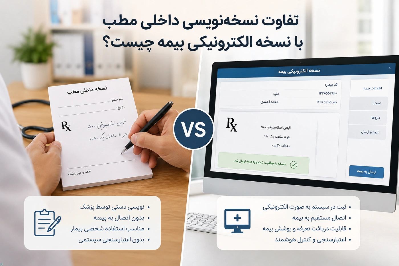 تفاوت نسخه‌نویسی داخلی مطب با نسخه الکترونیکی بیمه چیست؟